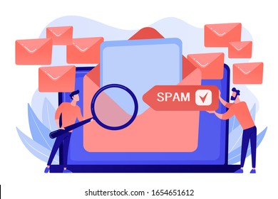 Businessmen get advertising, phishing, spreading malware irrelevant unsolicited spam message. Spam, unsolicited messages, malware spreading concept. Pinkish coral bluevector isolated illustration