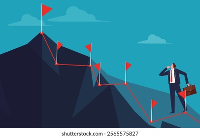 businessmen getting goal flag after goal flag as they go to the top of a mountain