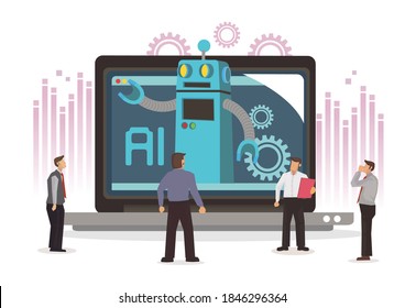 Businessmen with a giant computer with artificial intelligence. Flat vector illustration.