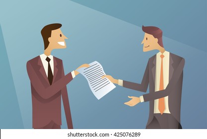 Businessmen Give Paper Document Business Man Agreement Contract Flat Vector Illustration