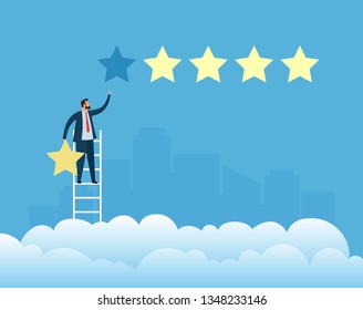 Businessmen Giving Five Stars Rating. Reputation And Quality Concept. Flat Vector Illustration.