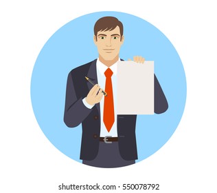 Businessmen giving pen for your signature on paper. Portrait of businessman in a flat style. Vector illustration.