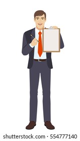Businessmen giving pen for your signature on clipboard. Full length portrait of businessman in a flat style. Vector illustration.