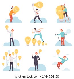 Businessmen with Glowing Light Bulbs Set, Business People Having Good Ideas, Brainstorming, Innovation, Creative Thinking Concept Vector Illustration
