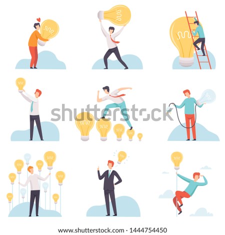Businessmen with Glowing Light Bulbs Set, Business People Having Good Ideas, Brainstorming, Innovation, Creative Thinking Concept Vector Illustration