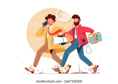 Businessmen go to work, late person using smartphone. Managers holding business equipment running against background of clock. Vector illustration.