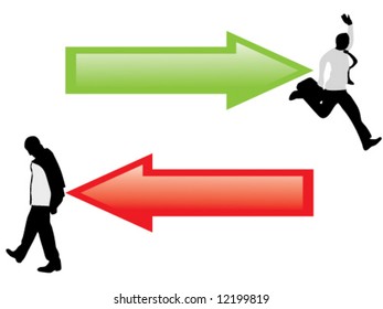 Businessmen are going in opposite directions