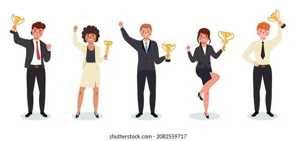 Businessmen With Golden Cups. Happy Positive Office Employees Holding Gold Rewards. Winners Awarding. Successful Project. People Achieving Goal And Victory. Vector Business Leaders Set