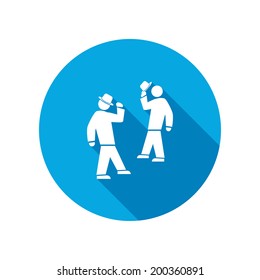 Businessmen greetings icon. Man with hat silhouette symbol. Round circle flat icon with long shadow. Vector