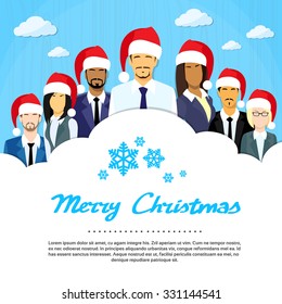 Businessmen Group Cloud Copy Space, Business People New Year Christmas Hat Corporate Party Holiday Flat Vector Illustration