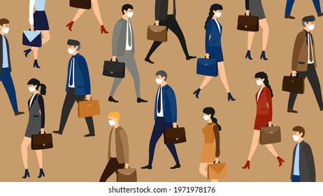 Businessmen in groups walk to work wearing face masks to prevent COVID-19
