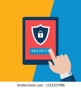 Businessmen Hand Pointing at Tablet with Shield and Lock on Screen. Online Security Vector Concept. Flat Style Illustration