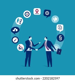Businessmen hand shaking standing in front of a rotating business icons. Business vector illustration