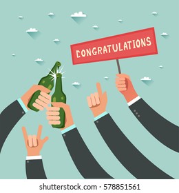 Businessmen hands gesturing and holding beer bottles. Congratulations card template. Vector colorful illustration.  