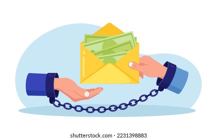 Businessmen hands in handcuffs with envelope full of money. Hidden wages, black payments, tax evasion. Anti corruption concept. Financial crimes. Man giving bribe to politician. Illegal activities