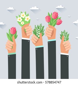 Businessmen hands holding flowers. Congratulations card template. Vector colorful illustration.  