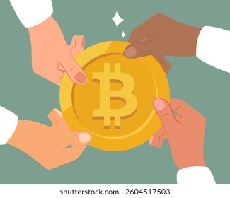 Businessmen Hands holding a gold coin Bitcoin. Bitcoin and cryptocurrency concept. Vector illustration.