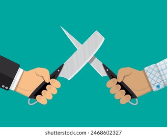 Businessmen hands with knives. Conflict, rivalry, competition, struggle, business war. Vector illustration in flat style