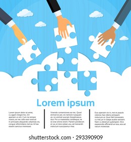 Businessmen Hands Putting Puzzle Pieces Teamwork Background Copy Space Flat Vector Illustration