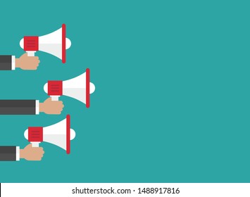 businessmen hands with white megaphone on blue background. Flat cartoon loudspeaker. simple vector  illustration. Announcement symbol. Attention sign. Advertisement placard