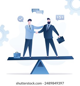 Businessmen handshake after difficulty and successful negotiation, seesaw in balance. Negotiation, agreement or partnership deal for both benefit, merger and acquisition, professional talk. vector