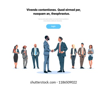 businessmen handshake agreement concept mix race business men team leader hand shake international partnership communication cartoon character isolated flat full length horizontal copy space vector