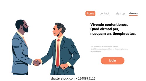 businessmen handshake agreement concept mix race business men hand shake international partnership communication male cartoon character isolated flat portrait horizontal copy space