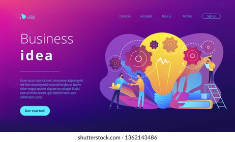 Businessmen handshake and big bulb with rotating gears. Business idea, business launcher and development, business plan concept on white background. Website vibrant violet landing web page template.