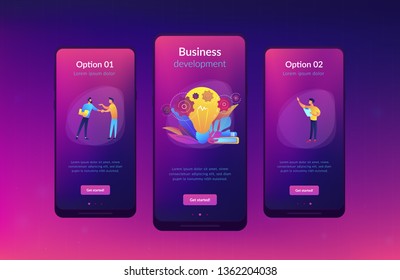 Businessmen handshake and big bulb with rotating gears. Business idea, business launcher and development, business plan concept on white background. Mobile UI UX GUI template, app interface wireframe