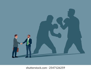 Businessmen handshake and casting a shadow shaped like two fighters. Flat vector illustration