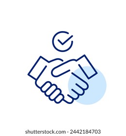 Businessmen handshake with checkmark on top. Deal confirmation, agreement verification and secure partnership. Vector