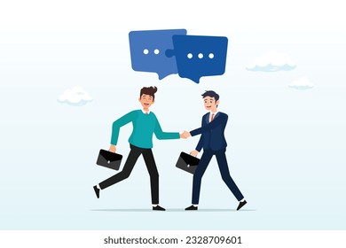 Businessmen handshake with connect speech bubble jigsaw, success communicate, discussion or interview, achieve business agreement, solution or partnership deal, perfect match connection (Vector)