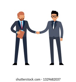 Businessmen handshake flat. Two young standing people meeting on conference or contract deal vector illustration