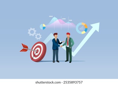 Hombres de negocios se dan la mano con el gráfico de crecimiento y el análisis de datos. Negocio exitoso y Acuerdo, marketing objetivo y alianzas comerciales. 