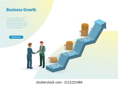 Businessmen handshake with growth of sales in shopping cart. Growth of grocery sales. CPI, consumer price index, increase sales profit in goods production and business partnership concept.