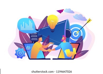 Businessmen Handshake From Laptops And Megaphone. Collaboration And Communication, Corporate And Cooperative Business Concept On White Background. Bright Vibrant Violet Vector Isolated Illustration