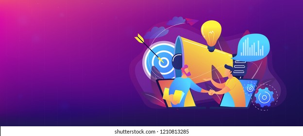 Businessmen Handshake From Laptops And Megaphone. Collaboration And Communication, Corporate And Cooperative Business Concept On White Background. Header Or Footer Banner Template With Copy Space.