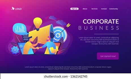 Businessmen handshake from laptops and megaphone. Collaboration and communication, corporate and cooperative business concept on white background. Website vibrant violet landing web page template.