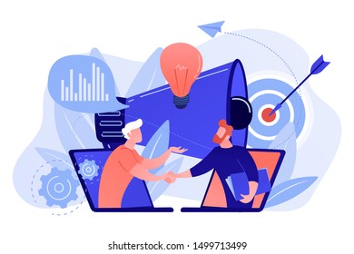 Businessmen handshake from laptops and megaphone. Collaboration and communication, corporate and cooperative business concept on white background. Living coral blue vector isolated illustration