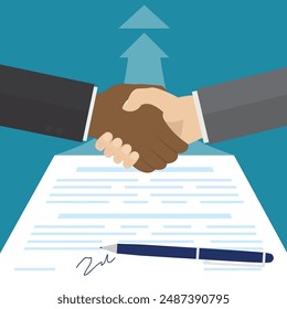 Businessmen handshake, managers approved good deal. New project development. Entrepreneurs shake hands after successful negotiations. Signed paper contract. Agreement, corporation relationship. Vector