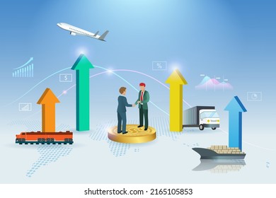 Businessmen handshake on growth graph of global logistics transportation on supply chain  network connecting. Business partnership collaboration on high demand in shipping cargo import export .