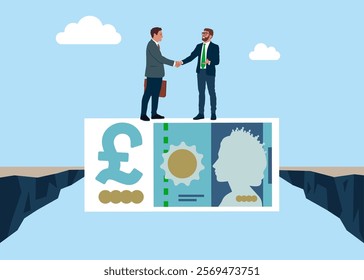 Businessmen handshake on money banknote after finish agreement. Pound sterling money bill bridging economy gap assisting business people to overcome financial difficulties. British money. Currency.