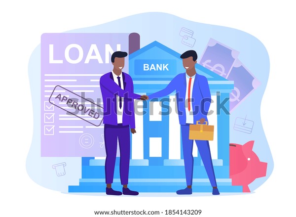 Businessmen\
handshake, successful business negotiations and approved loan. Loan\
agreement paper, bank building and male characters in trendy style.\
Borrower and credit agent.Vector\
illustration