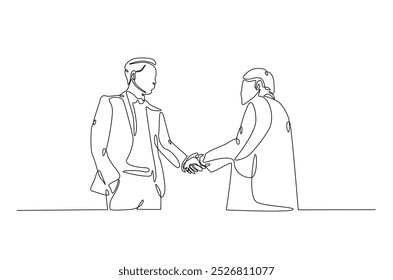 Businessmen handshaking with the client in continuous one line drawing. Simple line art illustration of Business deal concept. Editable vector.