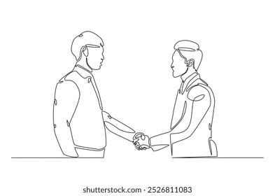 Businessmen handshaking with the client in continuous one line drawing. Simple line art illustration of Business deal concept. Editable vector.