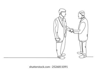 Businessmen handshaking with the client in continuous one line drawing. Simple line art illustration of Business deal concept. Editable vector.