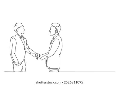 Businessmen handshaking with the client in continuous one line drawing. Simple line art illustration of Business deal concept. Editable vector.