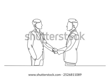 Businessmen handshaking with the client in continuous one line drawing. Simple line art illustration of Business deal concept. Editable vector.