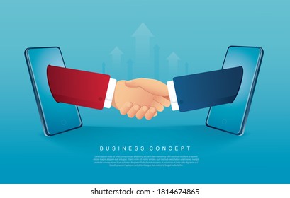 Businessmen handshaking coming out from smartphones vector illustration 
