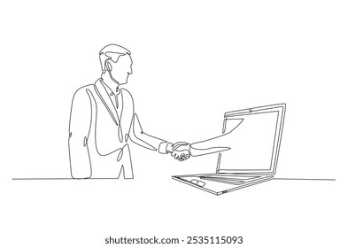 Businessmen handshaking with notebook in continuous one line drawing. Simple line art illustration of online business agreement concept. Editable vector.